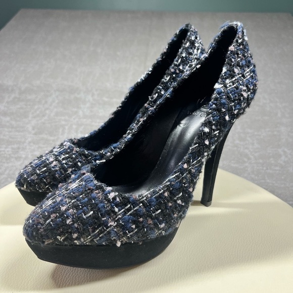 Tory Burch Peggy Blue Tweed and Suede Platform Pumps Shoes size US 8 - Picture 1 of 8